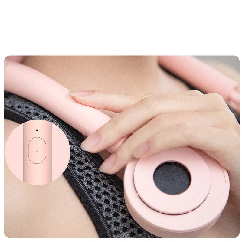 USB Portable Neck Fan in pink, fluorescent green, and dark green with dual fans and adjustable speed settings