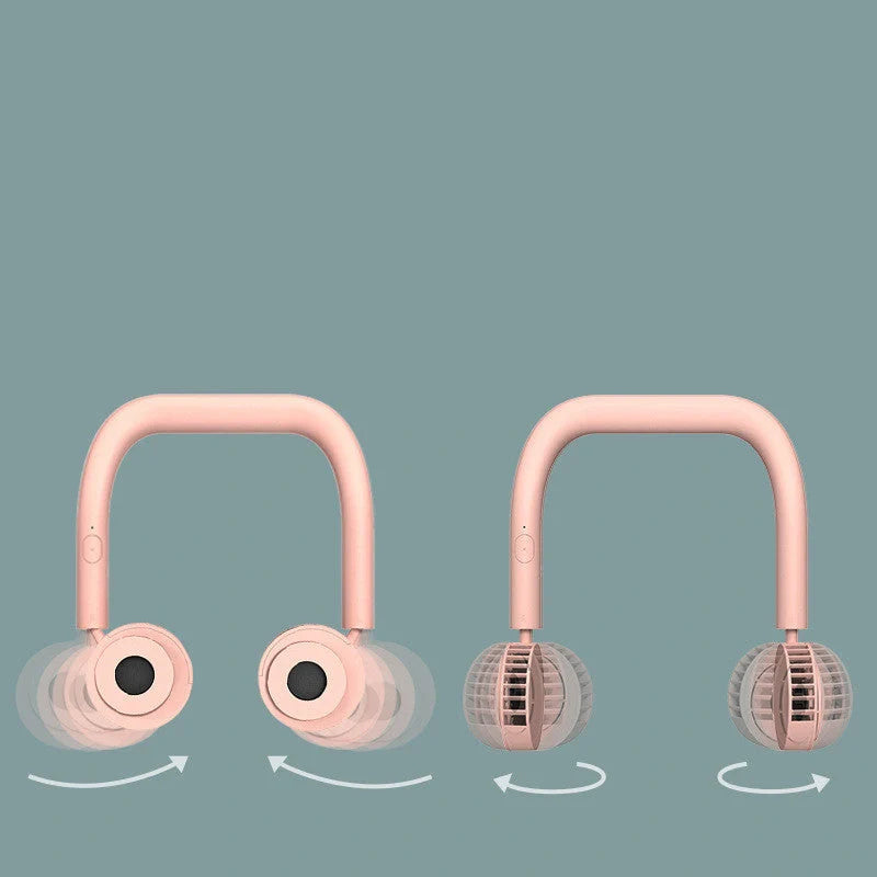 USB Portable Neck Fan in pink, fluorescent green, and dark green with dual fans and adjustable speed settings