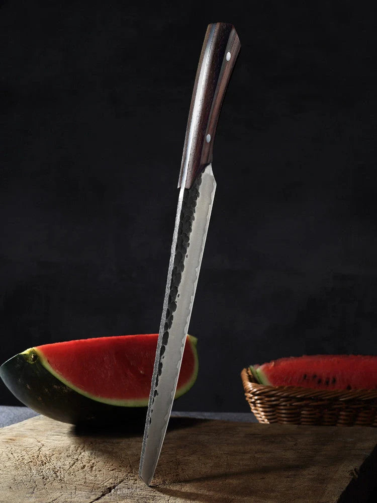 Premium stainless steel watermelon slicer knife with rosewood handle and choice of hammered or smooth finish