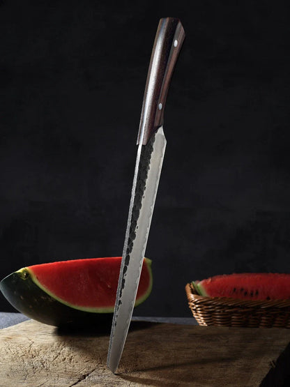 Premium stainless steel watermelon slicer knife with rosewood handle and choice of hammered or smooth finish