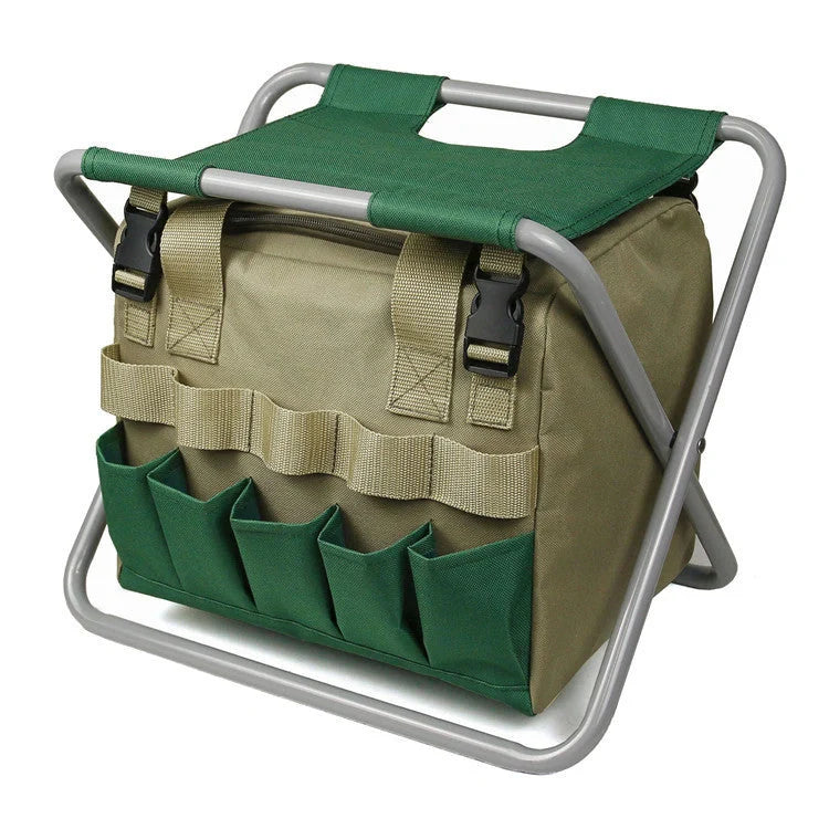 Folding gardening stool with removable tote bag in khaki and dark green