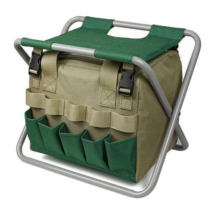 Folding gardening stool with removable tote bag in khaki and dark green