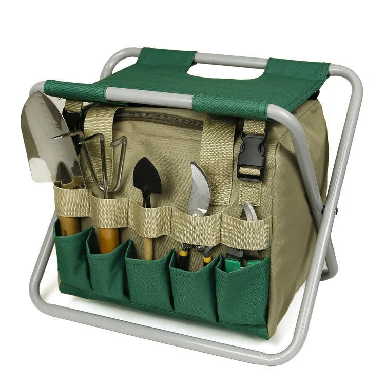 Folding gardening stool with removable tote bag in khaki and dark green