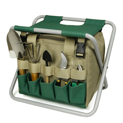 Folding gardening stool with removable tote bag in khaki and dark green