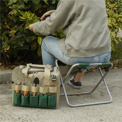 Folding gardening stool with removable tote bag in khaki and dark green