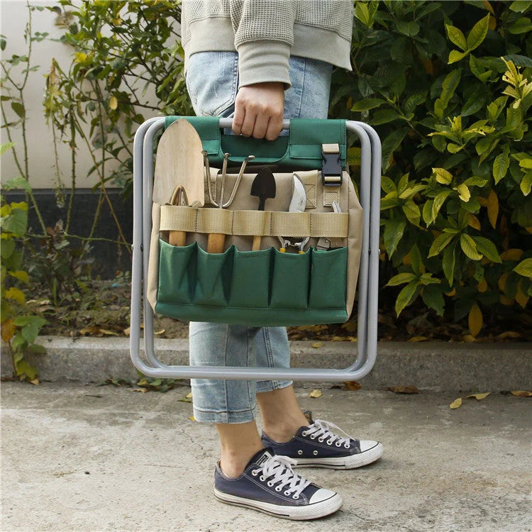 Folding gardening stool with removable tote bag in khaki and dark green