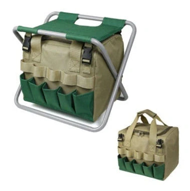 Folding gardening stool with removable tote bag in khaki and dark green