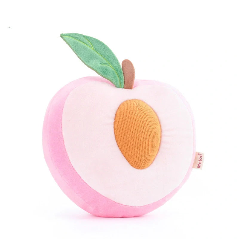 Soft cotton plush fruit pillow toys in avocado, peach, mangosteen, and dragon fruit designs