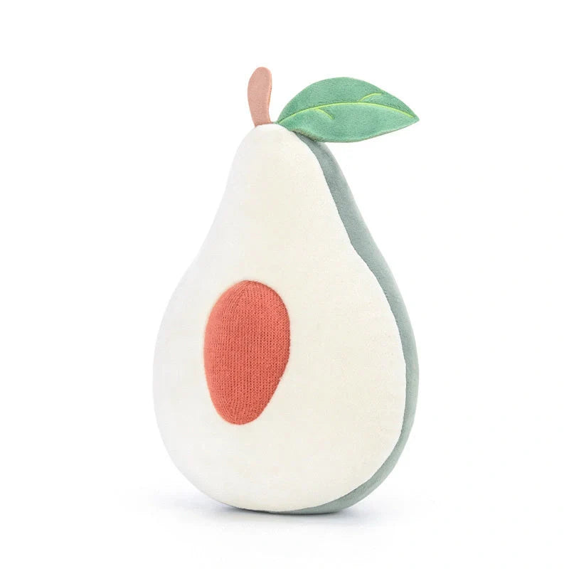 Soft cotton plush fruit pillow toys in avocado, peach, mangosteen, and dragon fruit designs