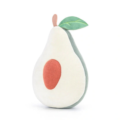 Soft cotton plush fruit pillow toys in avocado, peach, mangosteen, and dragon fruit designs