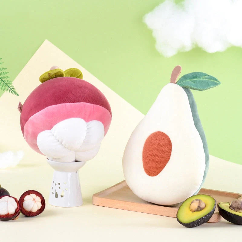 Soft cotton plush fruit pillow toys in avocado, peach, mangosteen, and dragon fruit designs