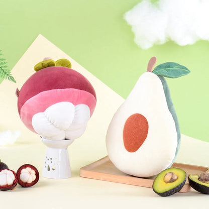 Soft cotton plush fruit pillow toys in avocado, peach, mangosteen, and dragon fruit designs