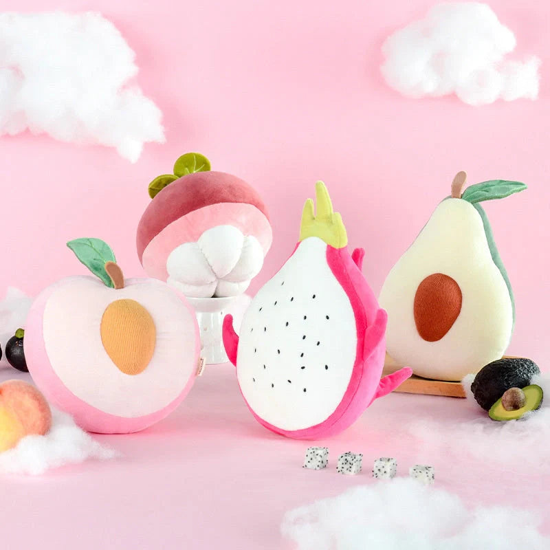 Soft cotton plush fruit pillow toys in avocado, peach, mangosteen, and dragon fruit designs