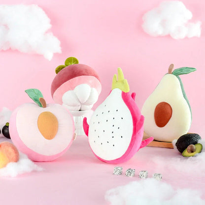 Soft cotton plush fruit pillow toys in avocado, peach, mangosteen, and dragon fruit designs