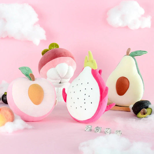 Soft cotton plush fruit pillow toys in avocado, peach, mangosteen, and dragon fruit designs