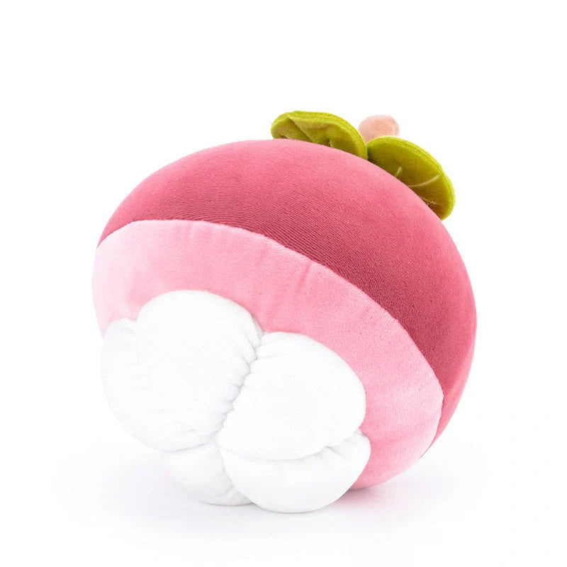 Soft cotton plush fruit pillow toys in avocado, peach, mangosteen, and dragon fruit designs
