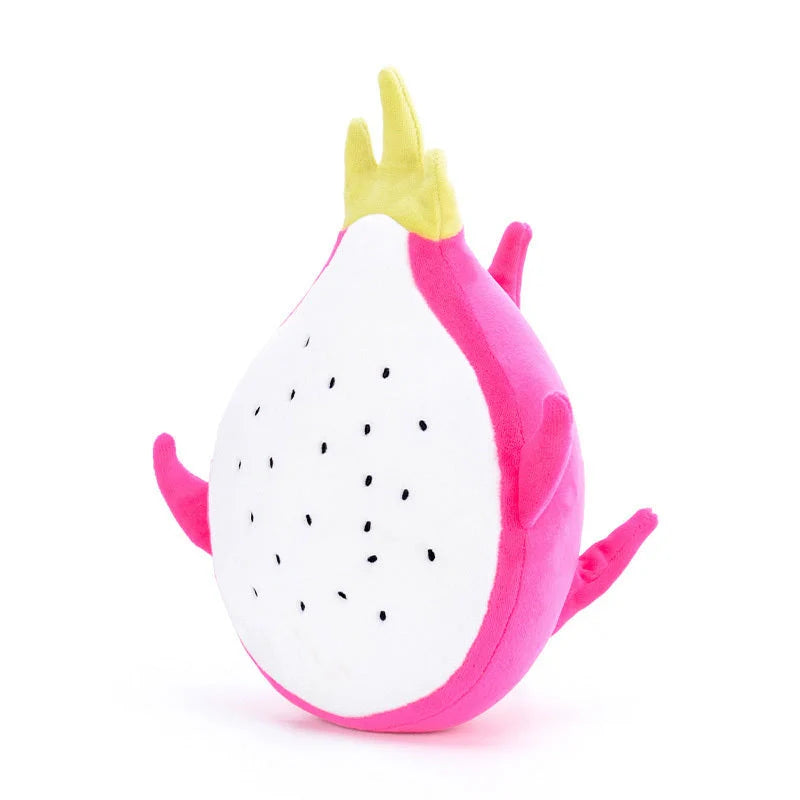 Soft cotton plush fruit pillow toys in avocado, peach, mangosteen, and dragon fruit designs
