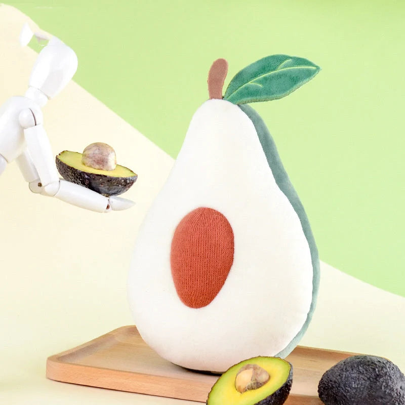 Soft cotton plush fruit pillow toys in avocado, peach, mangosteen, and dragon fruit designs