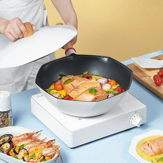 Maifan Stone non-stick wok with double pour spouts and long handle