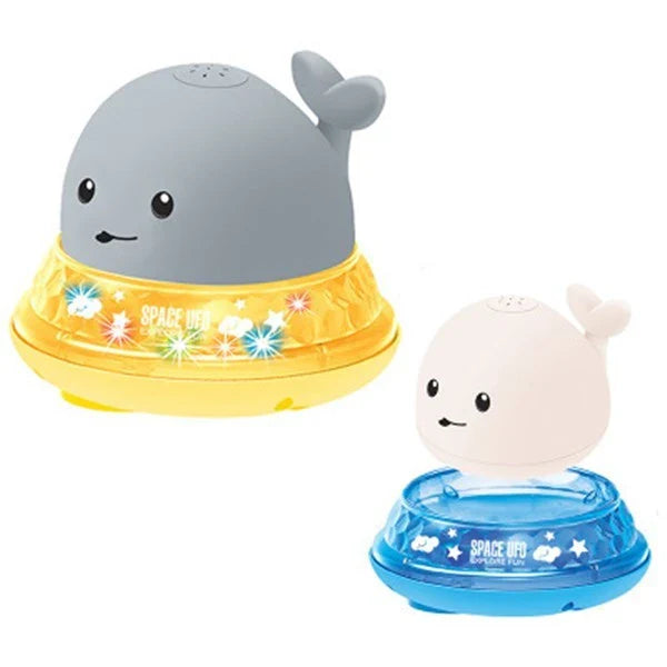 Adorable whale-shaped water sprinkler toy with LED lights and music for baby bath time entertainment
