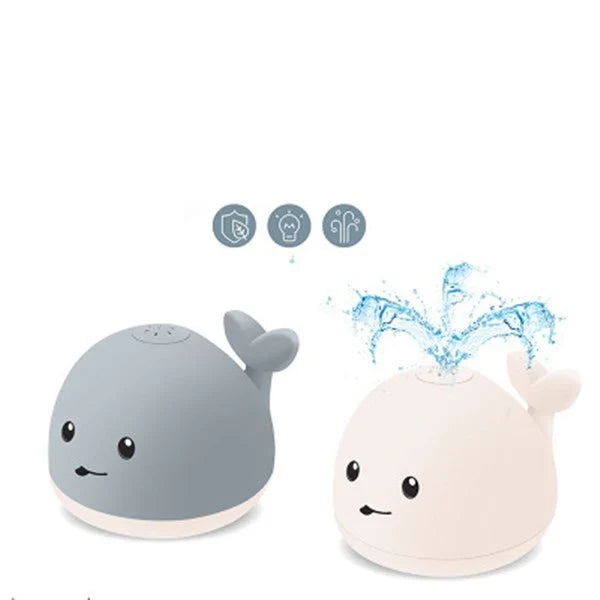 Adorable whale-shaped water sprinkler toy with LED lights and music for baby bath time entertainment