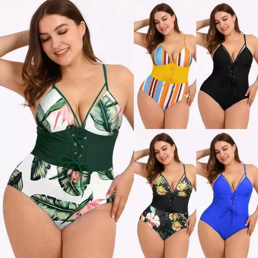 Women's plus size bikini with printed bouquet waist design in black, green leaf, and yellow bar options
