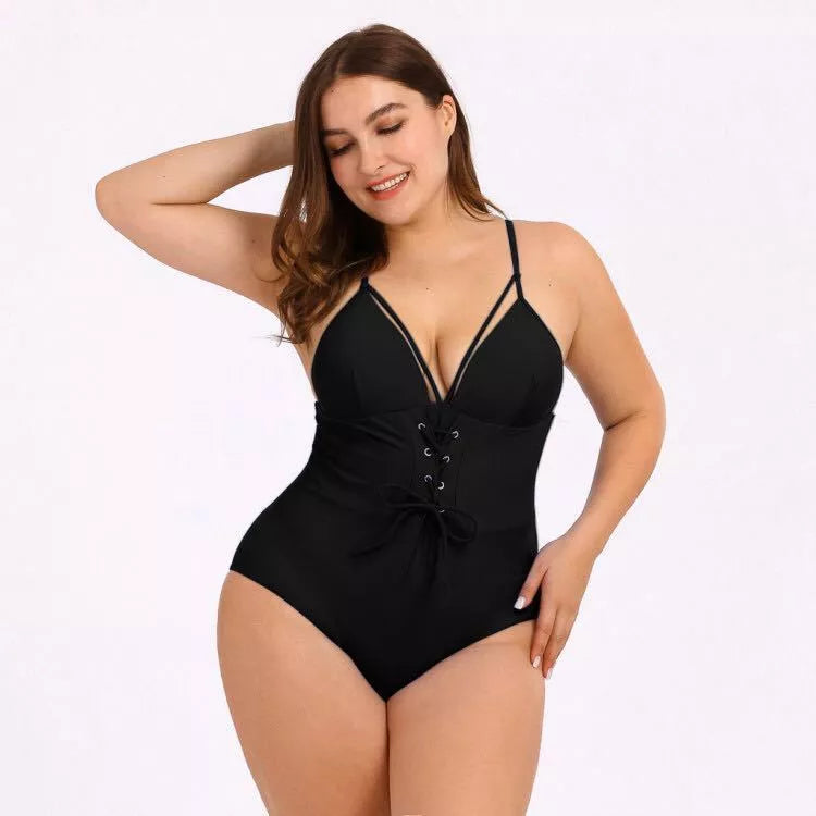 Women's plus size bikini with printed bouquet waist design in black, green leaf, and yellow bar options