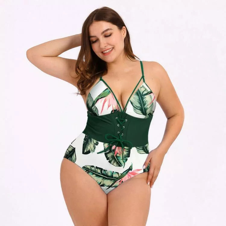 Women's plus size bikini with printed bouquet waist design in black, green leaf, and yellow bar options