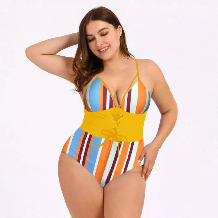 Women's plus size bikini with printed bouquet waist design in black, green leaf, and yellow bar options
