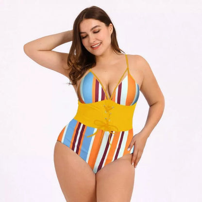 Women's plus size bikini with printed bouquet waist design in black, green leaf, and yellow bar options