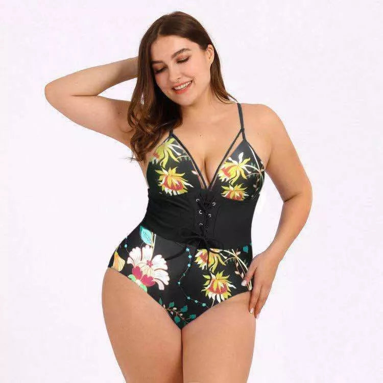 Women's plus size bikini with printed bouquet waist design in black, green leaf, and yellow bar options