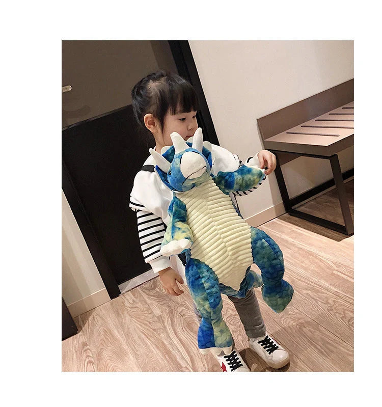3D dinosaur plush backpack for children in blue, red, brown, and green