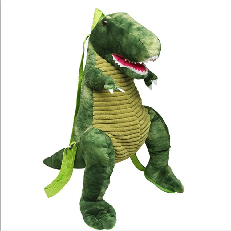 3D dinosaur plush backpack for children in blue, red, brown, and green