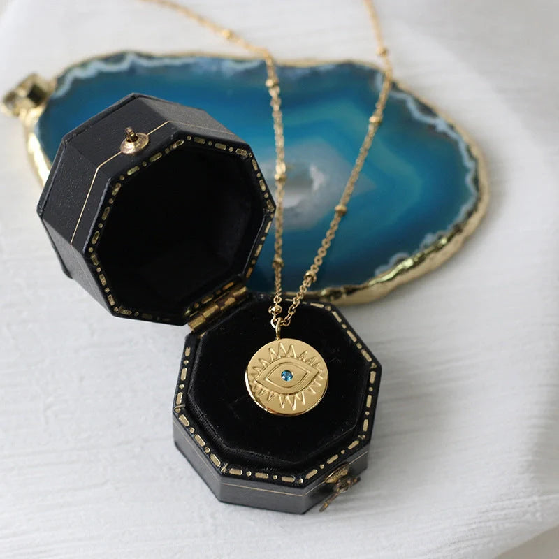 Stylish blue eye design titanium steel coin necklace for women