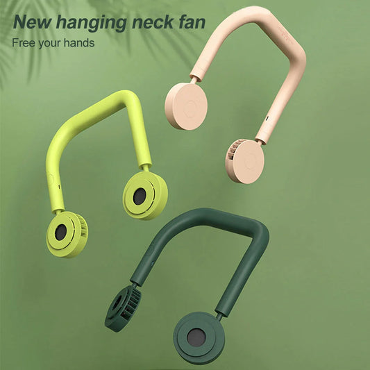 USB Portable Neck Fan in pink, fluorescent green, and dark green with dual fans and adjustable speed settings