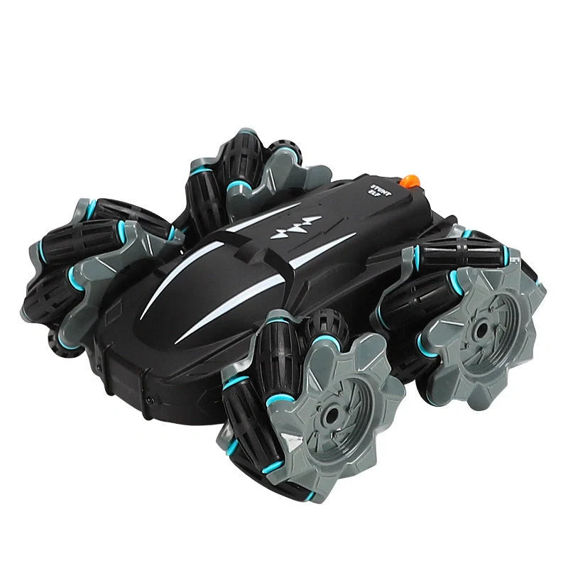 Wireless remote control stunt car performing 360° rotation on a table