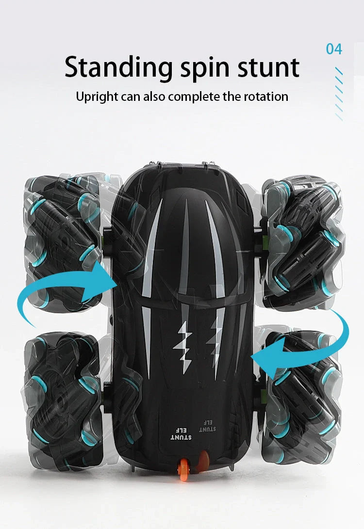 Wireless remote control stunt car performing 360° rotation on a table