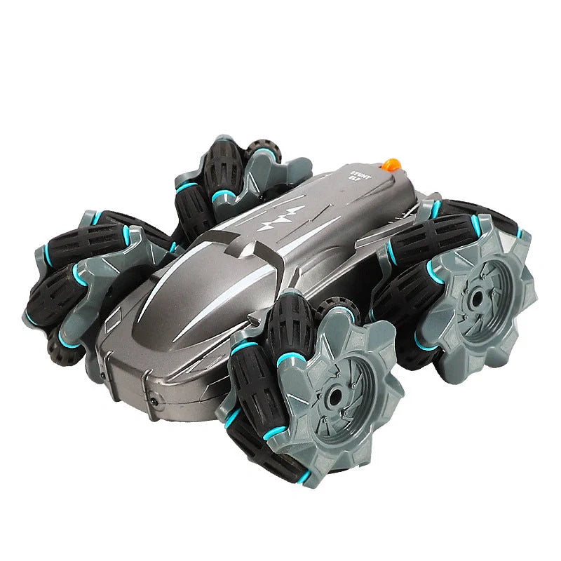 Wireless remote control stunt car performing 360° rotation on a table