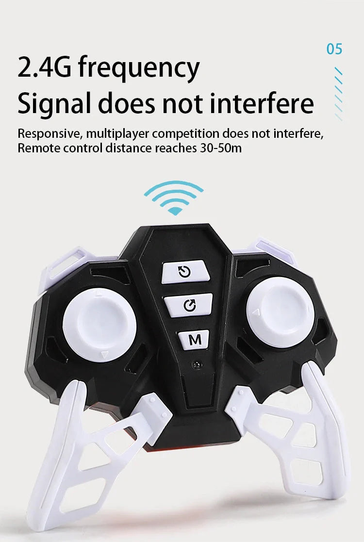Wireless remote control stunt car performing 360° rotation on a table