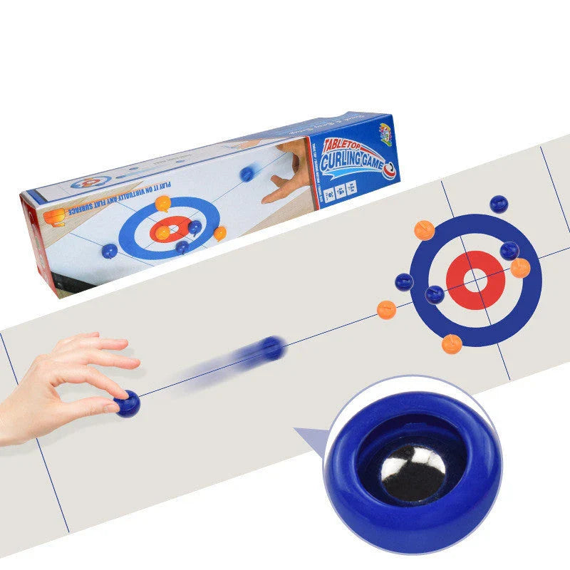 Compact shuffleboard and curling game table with smooth 47-inch playing surface and 8 rolling stones in blue and orange
