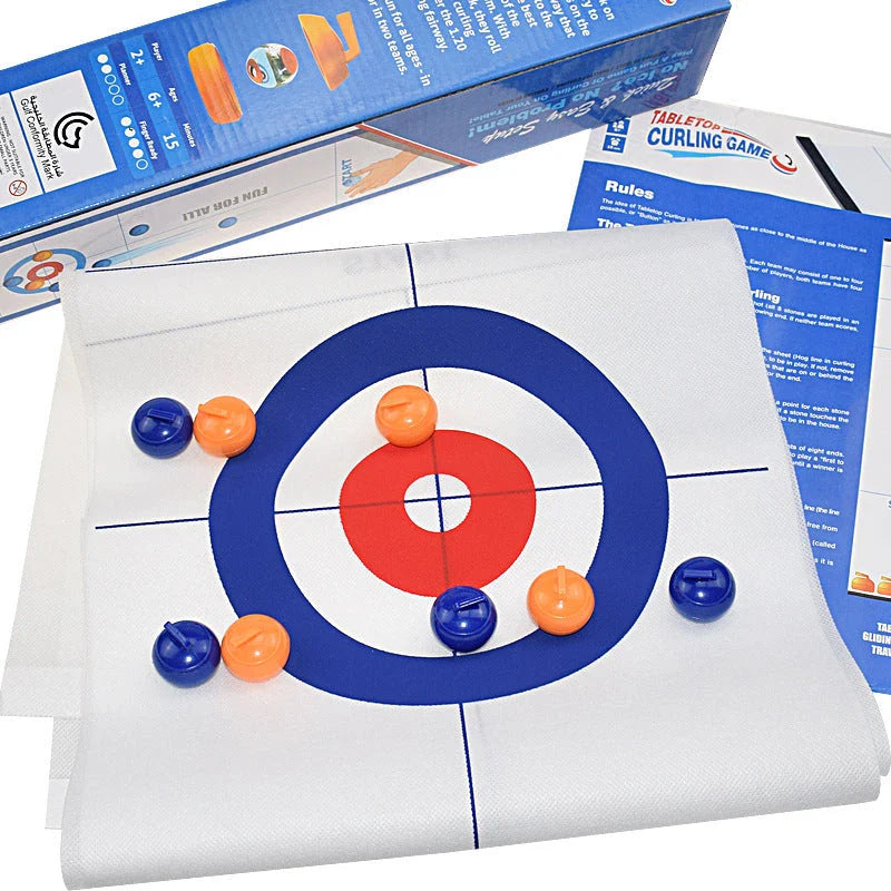Compact shuffleboard and curling game table with smooth 47-inch playing surface and 8 rolling stones in blue and orange