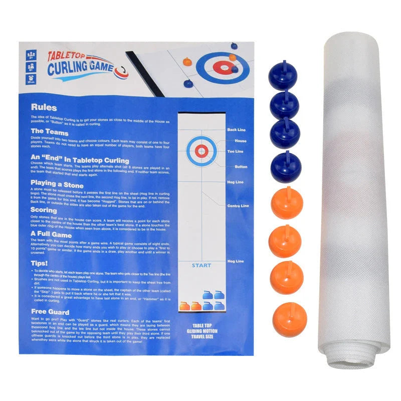 Compact shuffleboard and curling game table with smooth 47-inch playing surface and 8 rolling stones in blue and orange