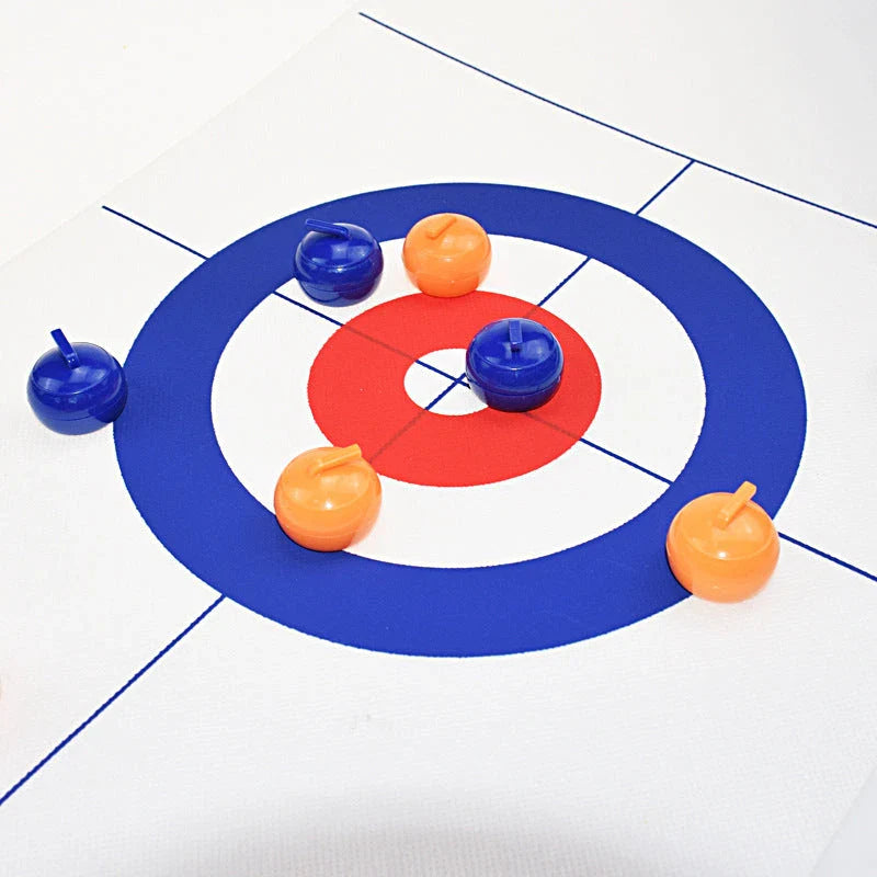Compact shuffleboard and curling game table with smooth 47-inch playing surface and 8 rolling stones in blue and orange