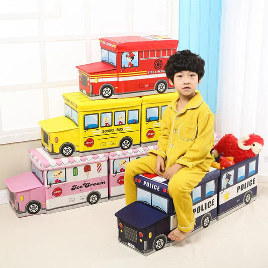 Foldable cartoon storage box stool in navy blue police car design, dimensions 40x25x31cm