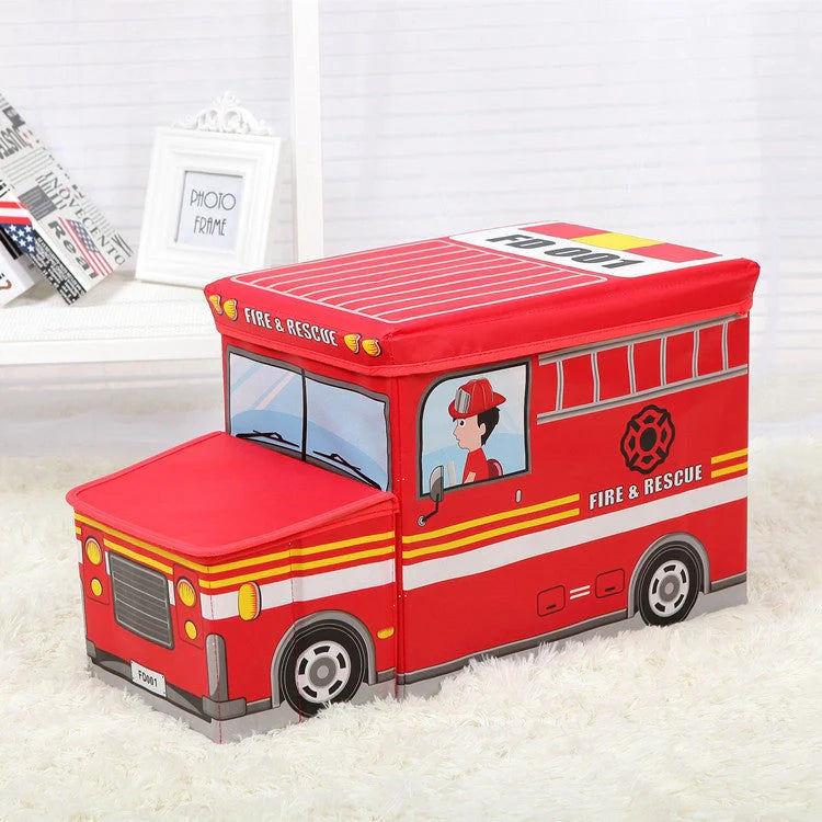Foldable cartoon storage box stool in navy blue police car design, dimensions 40x25x31cm