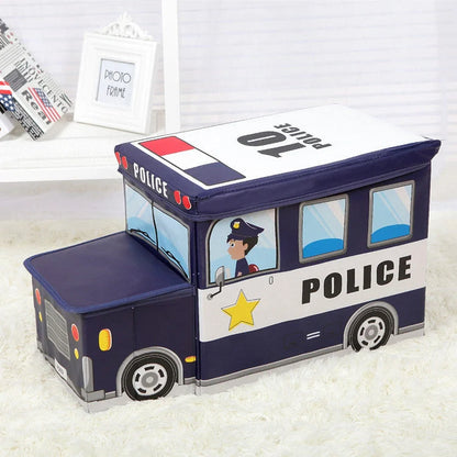 Foldable cartoon storage box stool in navy blue police car design, dimensions 40x25x31cm