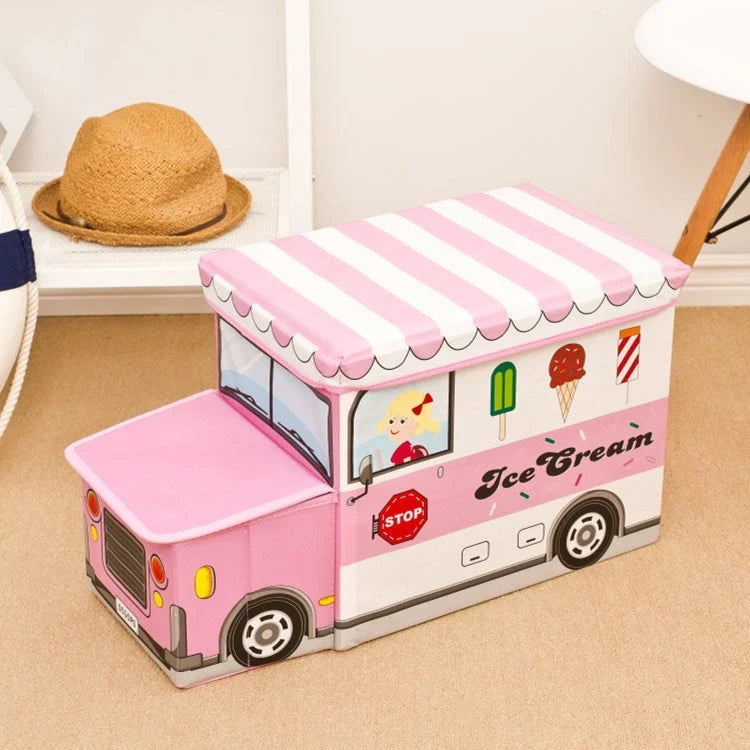 Foldable cartoon storage box stool in navy blue police car design, dimensions 40x25x31cm