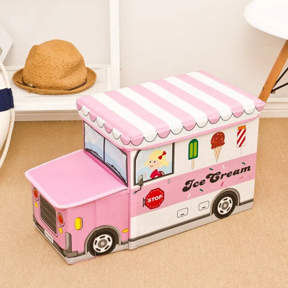 Foldable cartoon storage box stool in navy blue police car design, dimensions 40x25x31cm