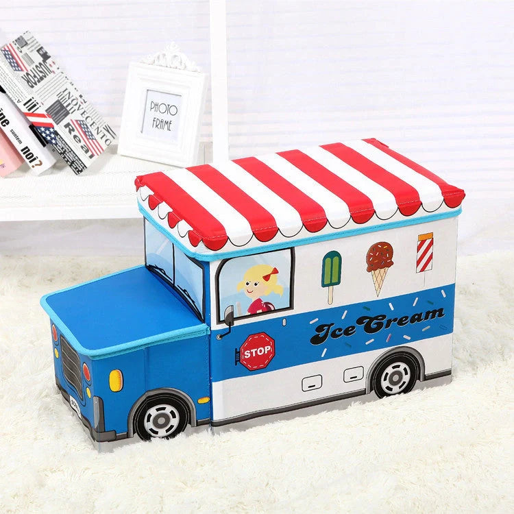 Foldable cartoon storage box stool in navy blue police car design, dimensions 40x25x31cm