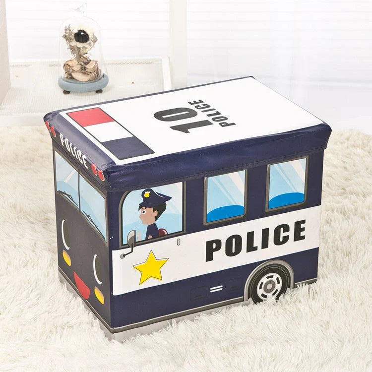 Foldable cartoon storage box stool in navy blue police car design, dimensions 40x25x31cm